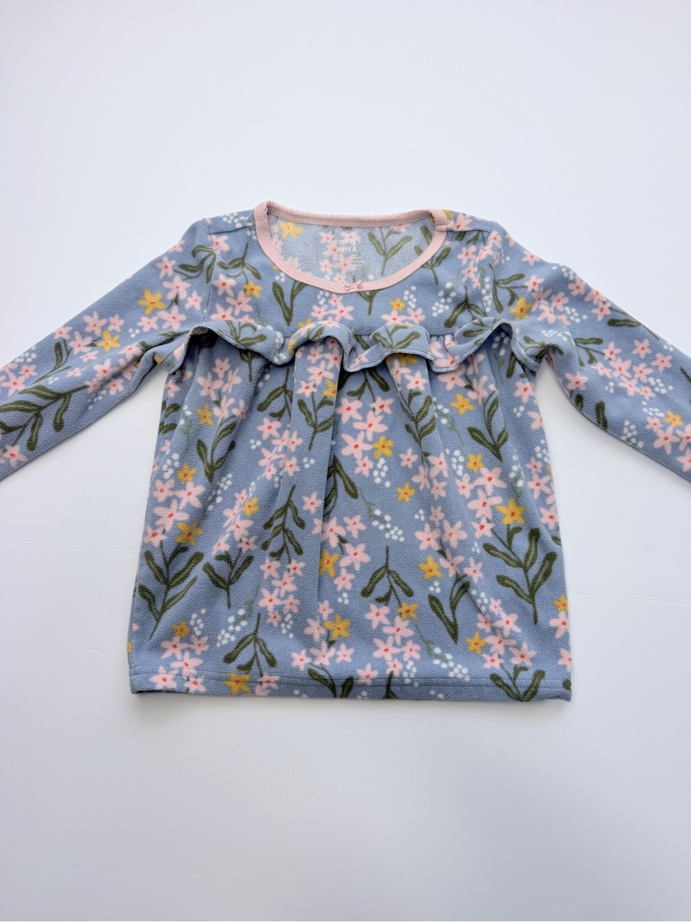 Carter’s Girls 5/5A Blue Floral Fleece Ruffle Top Long Sleeve Pullover Soft